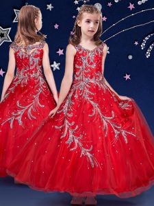 Red Scoop Zipper Beading and Appliques Little Girl Pageant Gowns Sleeveless