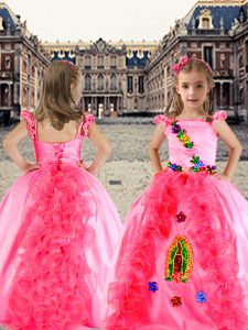 Excellent Organza and Taffeta Cap Sleeves Floor Length Kids Pageant Dress and Beading and Appliques and Ruffles