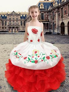 Great Beading and Appliques and Ruffles Kids Formal Wear White and Red Lace Up Sleeveless Floor Length