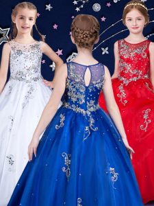 Decent Scoop White and Red and Royal Blue Sleeveless Floor Length Beading Zipper Girls Pageant Dresses