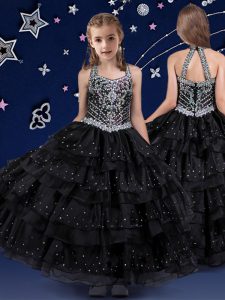 Chic Halter Top Floor Length Black Child Pageant Dress Organza Sleeveless Beading and Ruffled Layers