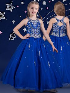Fitting Scoop Floor Length Zipper Child Pageant Dress Royal Blue for Quinceanera and Wedding Party with Beading