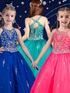 Scoop Floor Length Zipper Pageant Dress for Womens Hot Pink and Royal Blue for Quinceanera and Wedding Party with Beadin