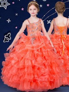 Dynamic Orange Sleeveless Beading and Ruffled Layers Floor Length Little Girls Pageant Dress
