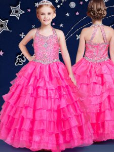 Halter Top Hot Pink Ball Gowns Beading and Ruffled Layers Pageant Dress for Womens Zipper Organza Sleeveless Floor Lengt