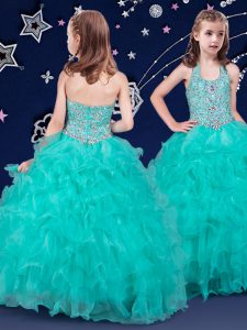 Amazing Halter Top Floor Length Turquoise Child Pageant Dress Organza Sleeveless Beading and Ruffles