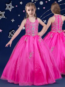 Scoop Floor Length Fuchsia Little Girls Pageant Dress Organza Sleeveless Beading