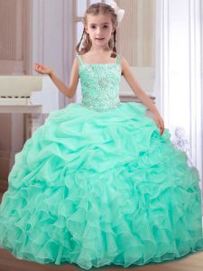 Hot Sale Apple Green Ball Gowns Straps Sleeveless Organza Floor Length Lace Up Beading and Ruffles and Pick Ups Little G