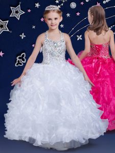 Halter Top Sleeveless Lace Up Pageant Gowns For Girls White Organza