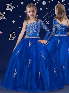On Sale Sleeveless Organza Floor Length Zipper Pageant Gowns For Girls in Royal Blue with Beading