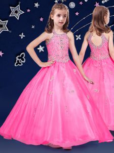 Customized Organza Halter Top Sleeveless Zipper Beading Little Girls Pageant Dress Wholesale in Hot Pink