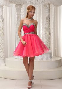 Organza and Leopard Coral Red Cocktail Party Dress with Ruched Bodice