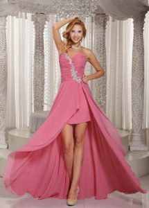 Hot High-low Rose Pink Birthday Party Dresses with Appliques and Ruche