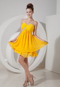 Yellow One Shoulder Mini-length Chiffon Beaded Wedding Party Dresses