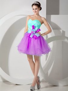 Apple Green and Purple Mini-length Organza Party Dress with Hand Made Flower