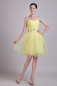Yellow Sweetheart Short Organza Beaded and Ruched Party Dress for Girls