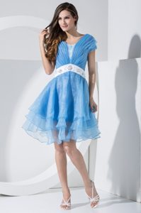 Aqua Blue Beadings and Sash Decorated Short Sleeves Party Dresses for Ladies