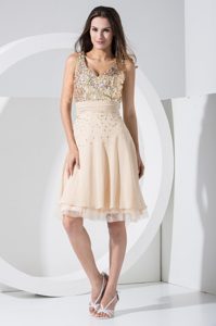 Beautiful V-neck Knee-length Party Dress with Sequins and Ruched Sash on Sale