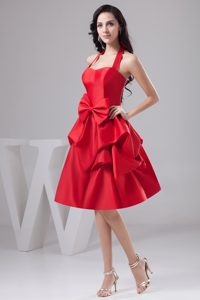 Halter Top Knee-length Taffeta Party Dress with Pick-ups and Bowknots on Sale