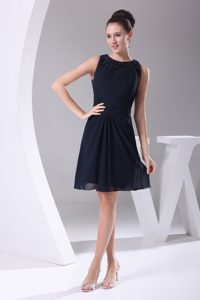 Simple Bateau Neckline Beaded Navy Blue Chiffon Party Dress for Ladies in 2014