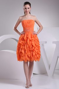 Beautiful Orange Ruched Strapless Knee-length Party Dress with Ruffles on Sale