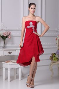 Strapless Red Party Dress with Asymmetrical Edge and White Appliques on Sale