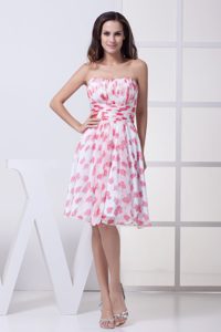 Sweet Ruched Knee-length Printed Chiffon Strapless Prom Party Dress for Women