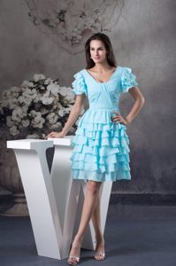 Aqua Blue Party Dress with Ruffled Layers and Short Sleeves on Wholesale Price