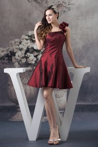 Burgundy One Shoulder Mini-length Party Dress with Hand Made Flowers