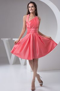 Beautiful Asymmetrical Ruched Taffeta Party Dress in Watermelon on Promotion