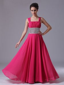 Beaded and Ruched Hot Pink Attractive Long Prom Evening Dress with Straps