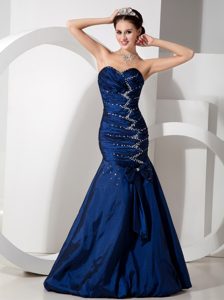 Special Navy Blue Mermaid Ruched and Beaded Long Prom Dress for Ladies