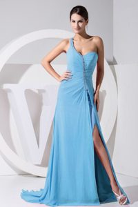 Fashionable One Shoulder Beaded High Slit Prom Dress for Girls in Aqua Blue
