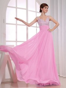 Rose Pink Zipper-up Chiffon Best Seller Prom DressCourt with Beading