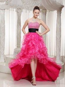 2012 Luxurious High-low Zipper-up Organza Beaded Prom Dresses in Hot Pink