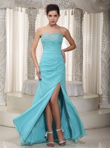 Ruched and Beaded High Slit Lace-up Special Prom Gown Dress in Light Blue