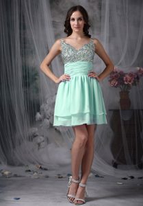 Apple Green Beaded Mini-length 2013 Discount Prom Party Dress with Straps