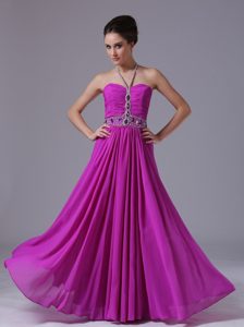 Halter Ruched and Beaded Attractive Prom Homecoming Dresses in Fuchsia