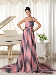 Magnificent One Shoulder Multi-color Prom Celebrity Dress with Court Train