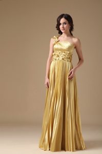 One Shoulder Gold Classical Prom Dress for Women with Flowers and Pleats