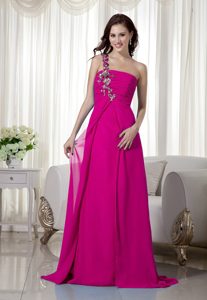 Popular Appliqued and Ruched Zipper-up Fall Prom Court Dresses in Fuchsia
