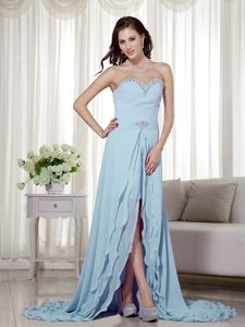 Baby Blue High Low Chiffon Romantic Prom Pageant Dress with Brush Train