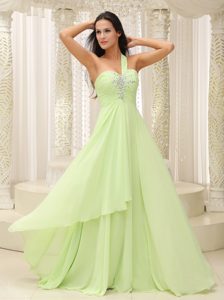 Fashionable Yellow Green Ruched and Beaded Prom Graduation Dress for Fall