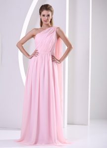 One Shoulder Watteau Train Ruched Best Seller Prom Holiday Dress in Pink