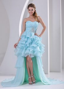 Light Blue Zipper-up High-low Classical Spring Prom Gown Dress with Ruffles