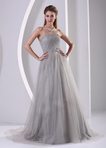 Memorable Grey Tulle Strapless Sweep Train Prom Dress for Women