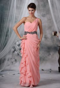 Dressy Light Pink Beaded and Ruched Long Prom Formal Dress with Ruffles