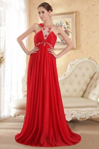 Classical Scoop Ruched Zipper-up Red Prom Holiday Dresses with Flowers