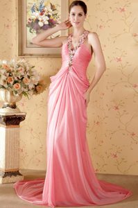 Halter Top Gorgeous Prom Evening Dress in Watermelon with Chapel Train
