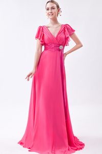 Popular Ruched Hot Pink V-neck Prom Dresses for Ladies with Brush Train